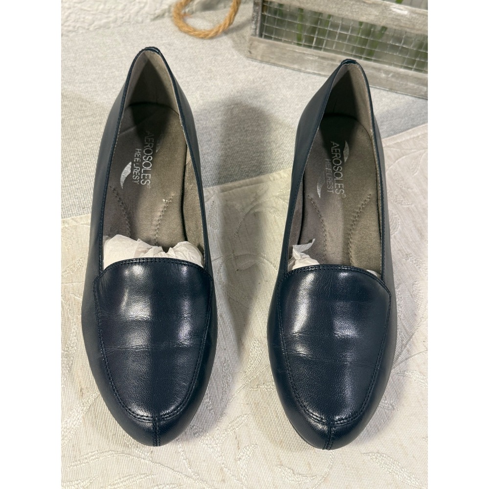 Aerosoles Lovely Dark Blue‎ Leather Wedge Pumps Navy Loafers Womens 8M Heel Rest